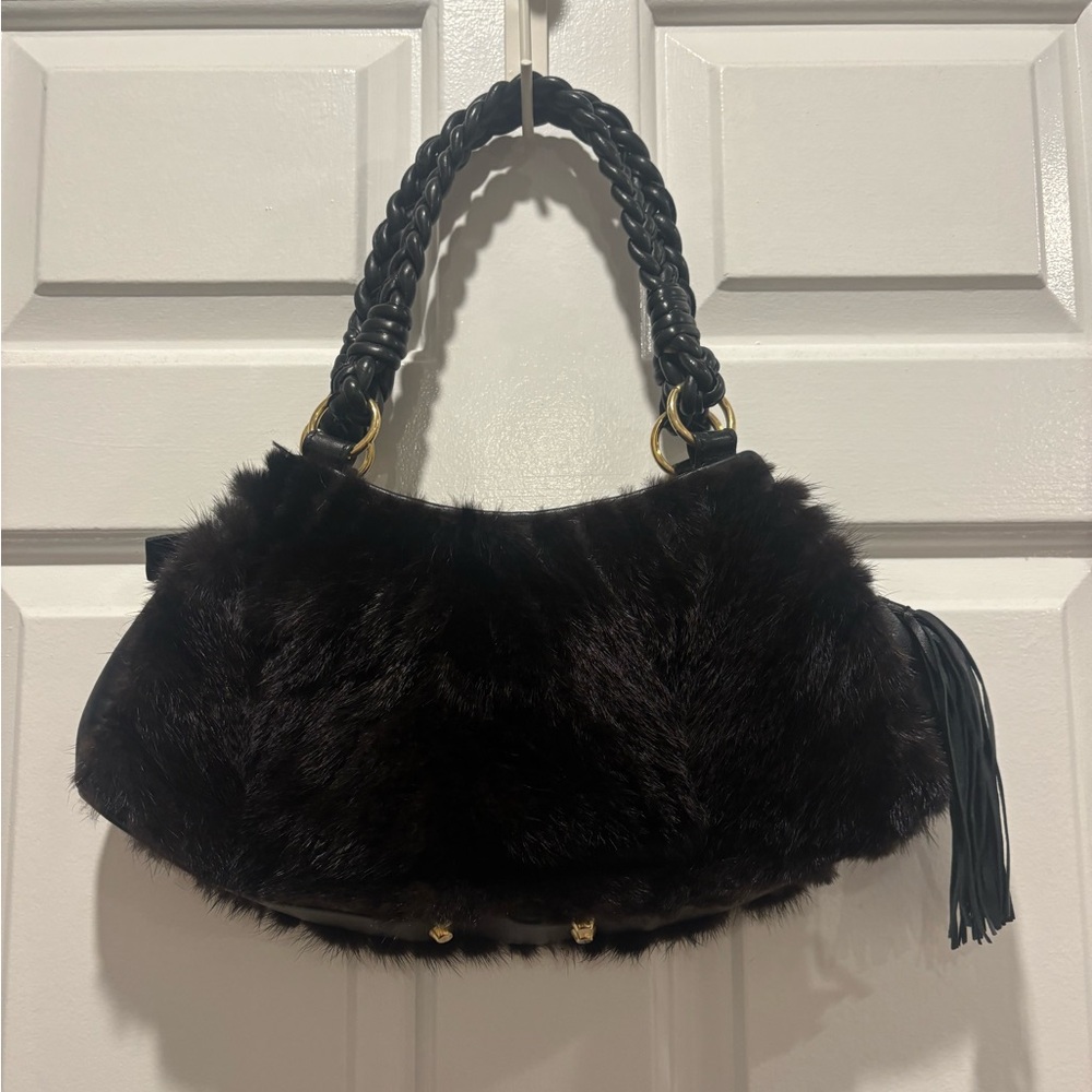 Paolo Masi black mink fur and leather shoulder handbag with braided handles
